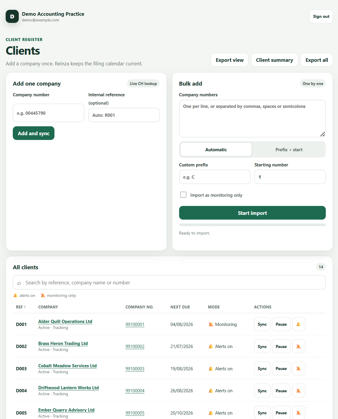 Clients page with the bulk-add panel open and fictional company numbers entered