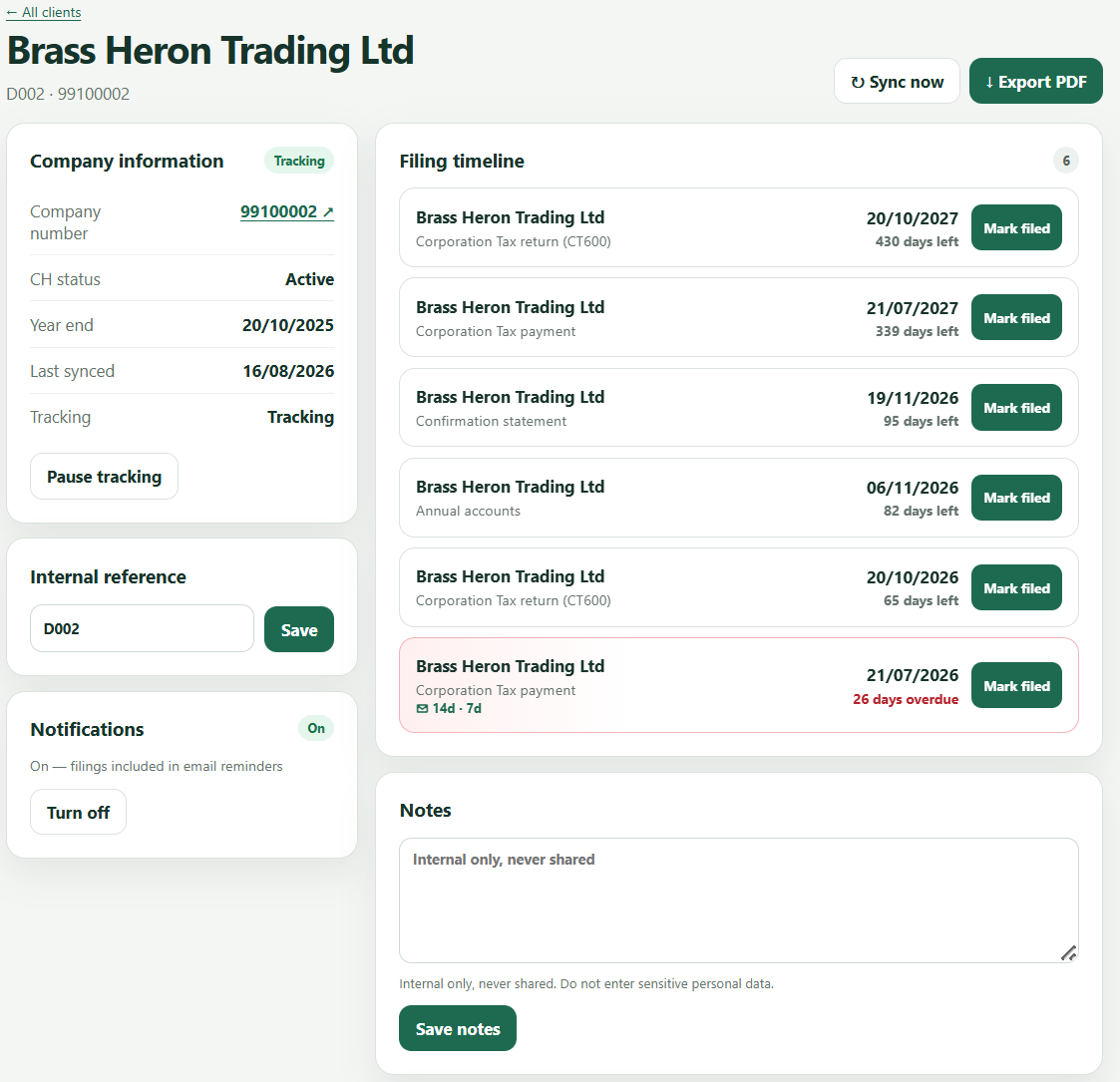 Client detail page for a fictional company showing its full filing timeline