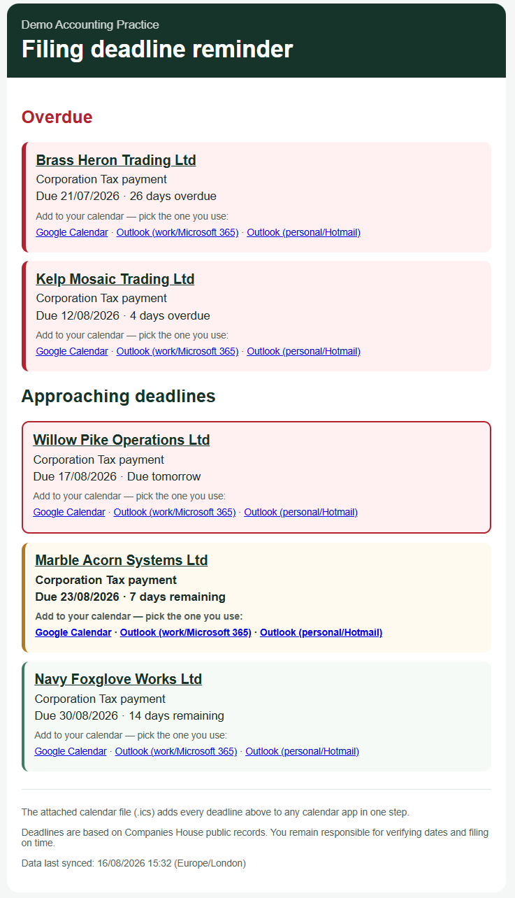 Reminder email showing a fictional company deadline due tomorrow