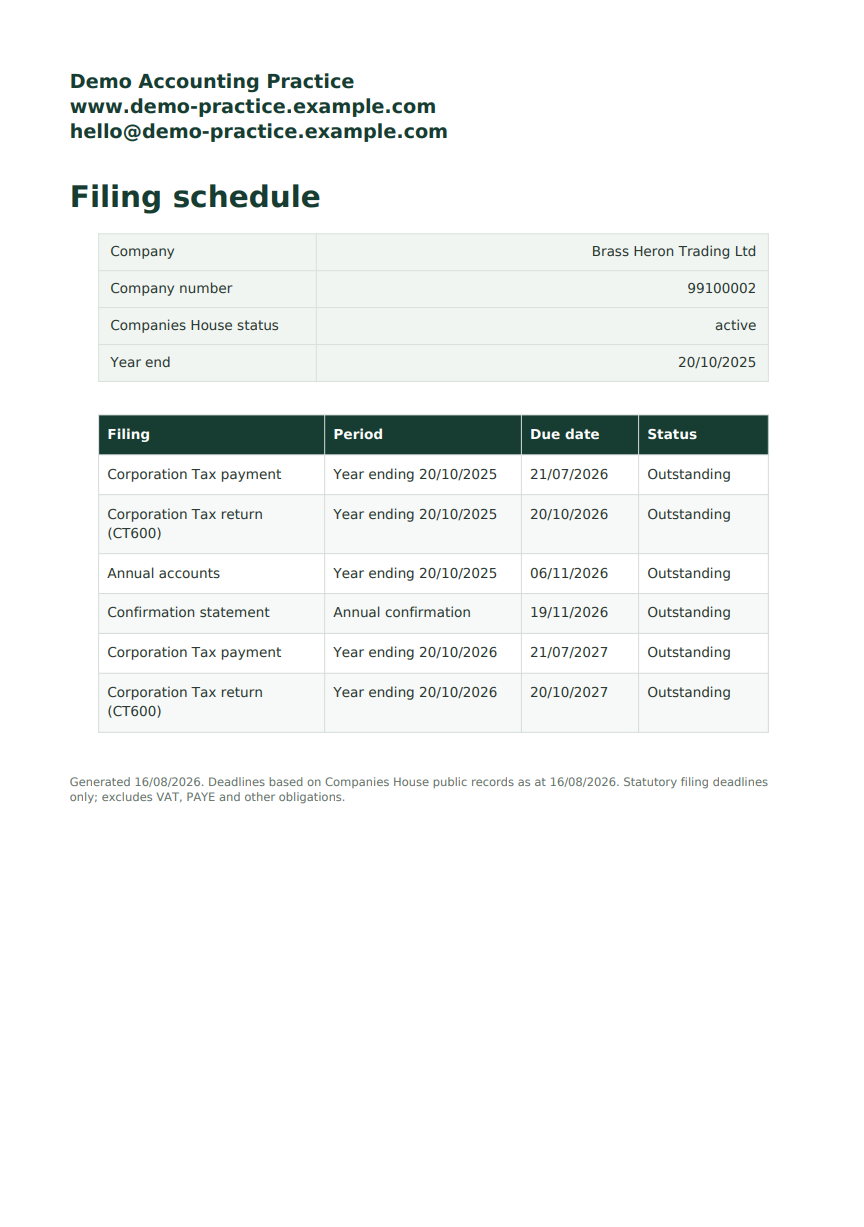 Client filing schedule PDF containing fictional deadlines and demo practice details