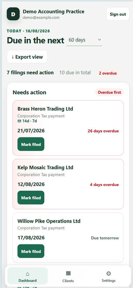 Mobile dashboard view showing fictional filing deadlines in a single-column layout